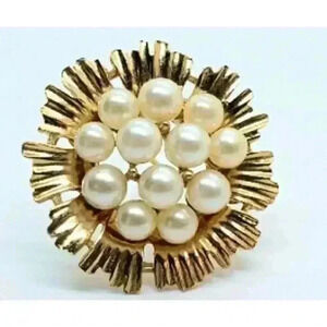 Vintage Crown Trifari Albert Philippe 1950s Gold Wreath Floral Pearl Brooch